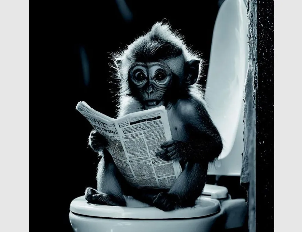 Bild Affe mit Zeitung auf Toilette
