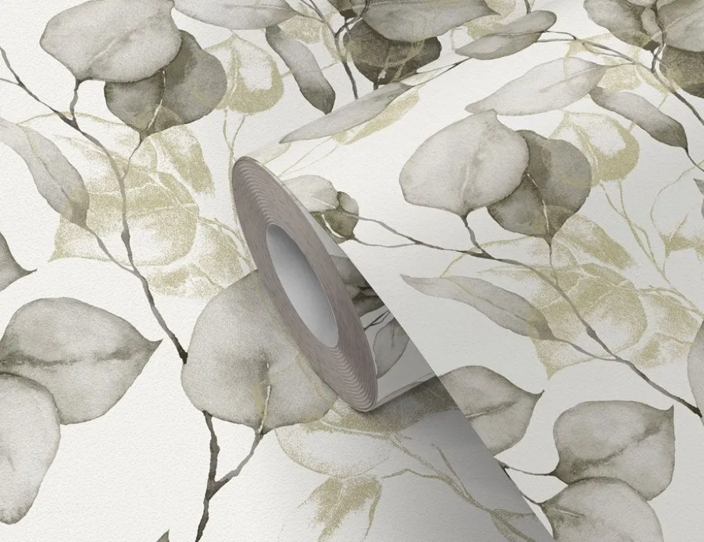 Papiertapete Blätter Gold, Creme
