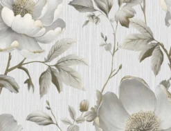 Papiertapete Große Blüten Beige, Grau
