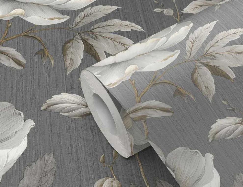 Papiertapete Große Blüten Beige, Anthrazit